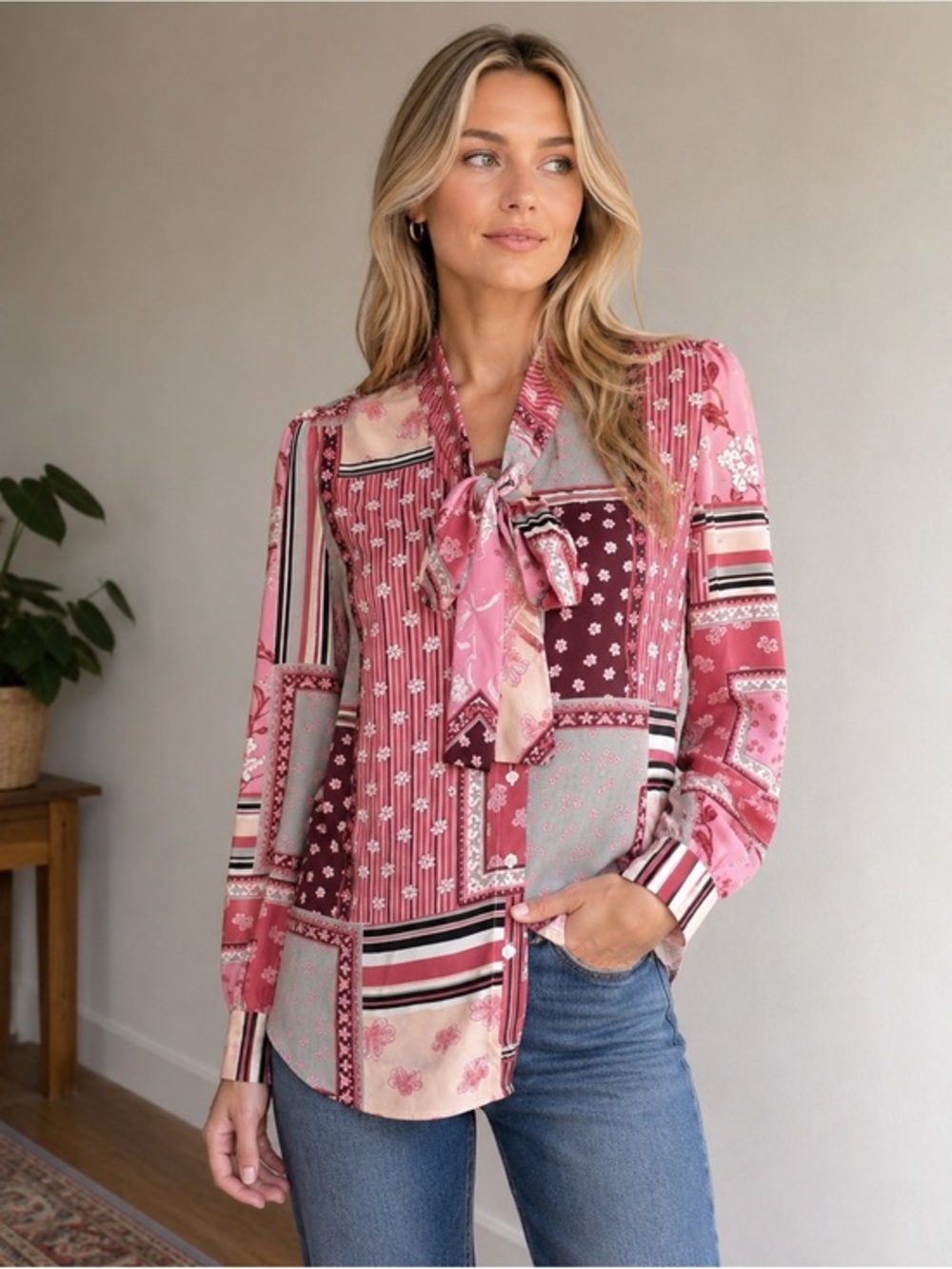 Talbots Floral Patchwork Flowy Pink Blouse Sz XS